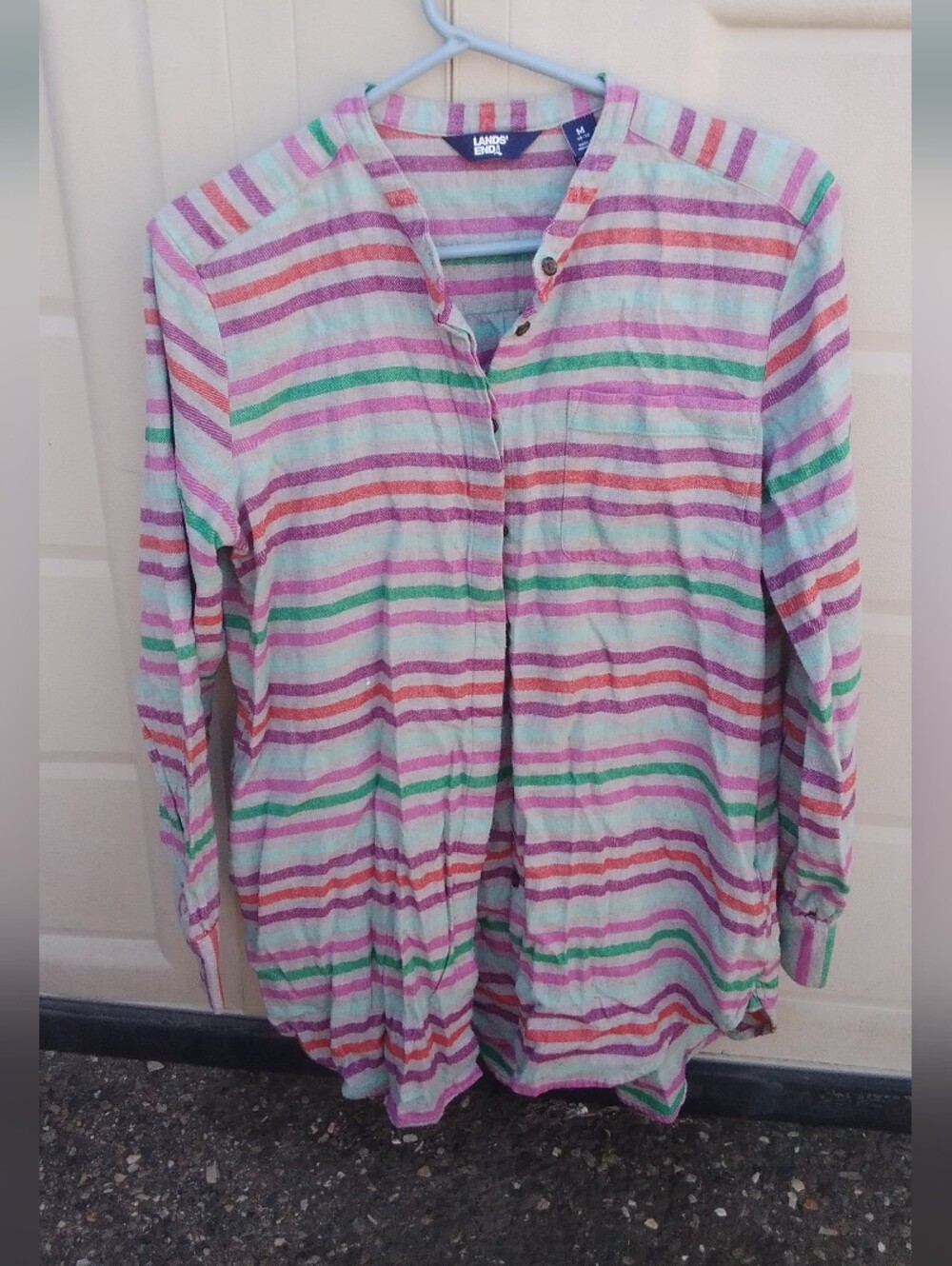 Lands' End Top Cotton Flannel Candy Stripe Shirt Shacket Pocket Soft Cozy Button